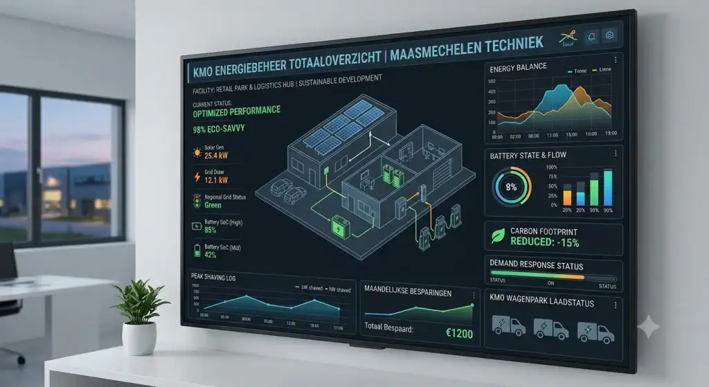 Zakelijk EMS energiebeheer dashboard met overzicht van peak shaving en wagenpark laadstatus in Maasmechelen.