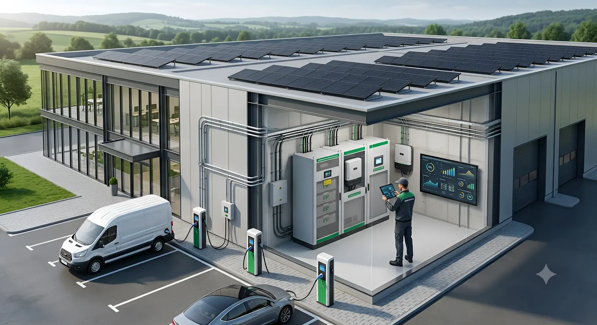 Geïntegreerd energiemanagementsysteem voor een KMO bedrijfspand in Limburg met zwarte zonnepanelen en laadpalen.