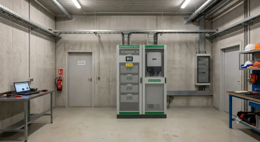 Compacte industriële batterijopslag met omvormer in de technische ruimte van een kleiner bedrijf.