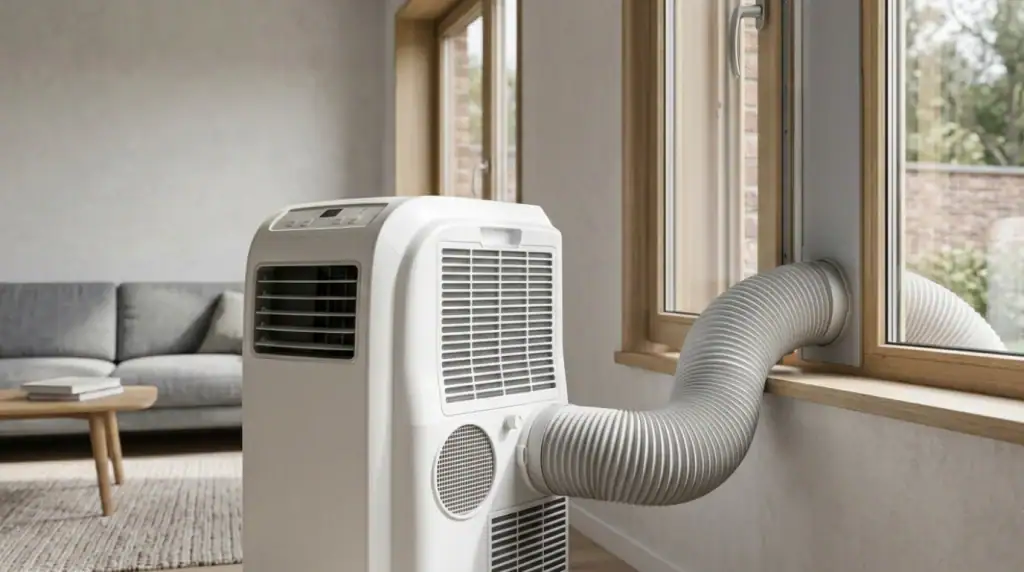 Mobiele airco met afvoerslang die warme lucht via het raam naar buiten afvoert