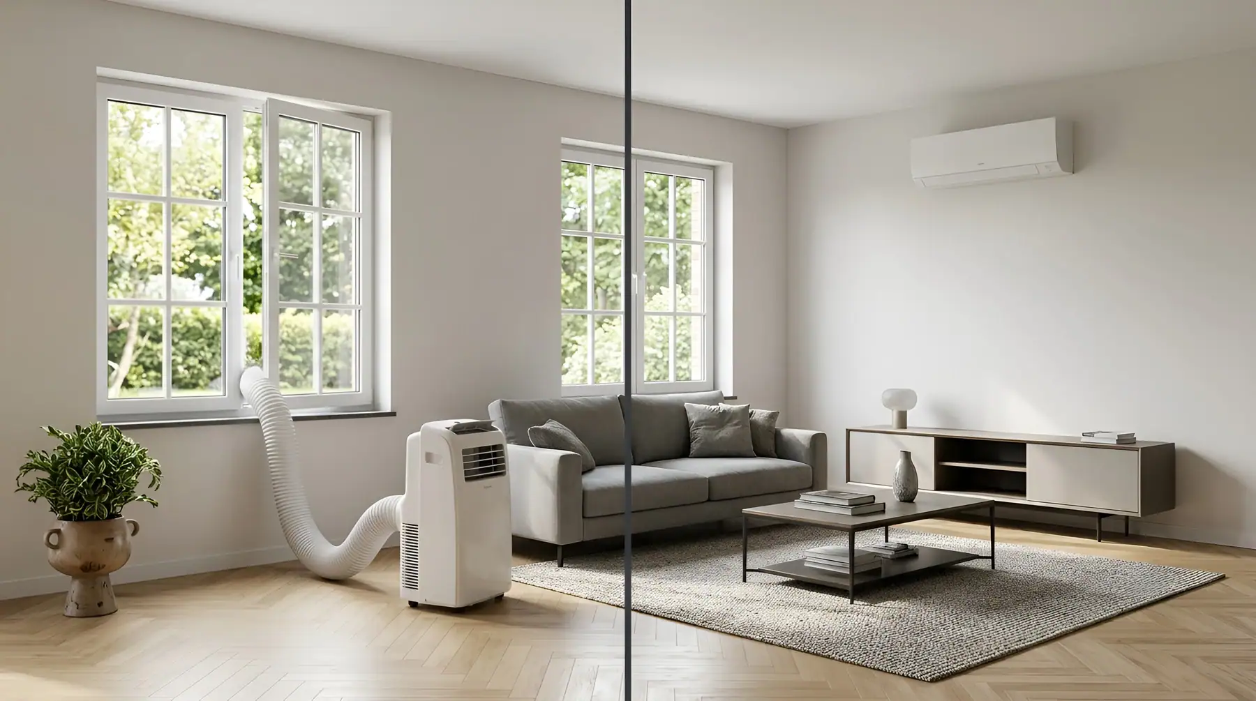 Vergelijking tussen een mobiele airco en een vaste split-airco in een woonkamer