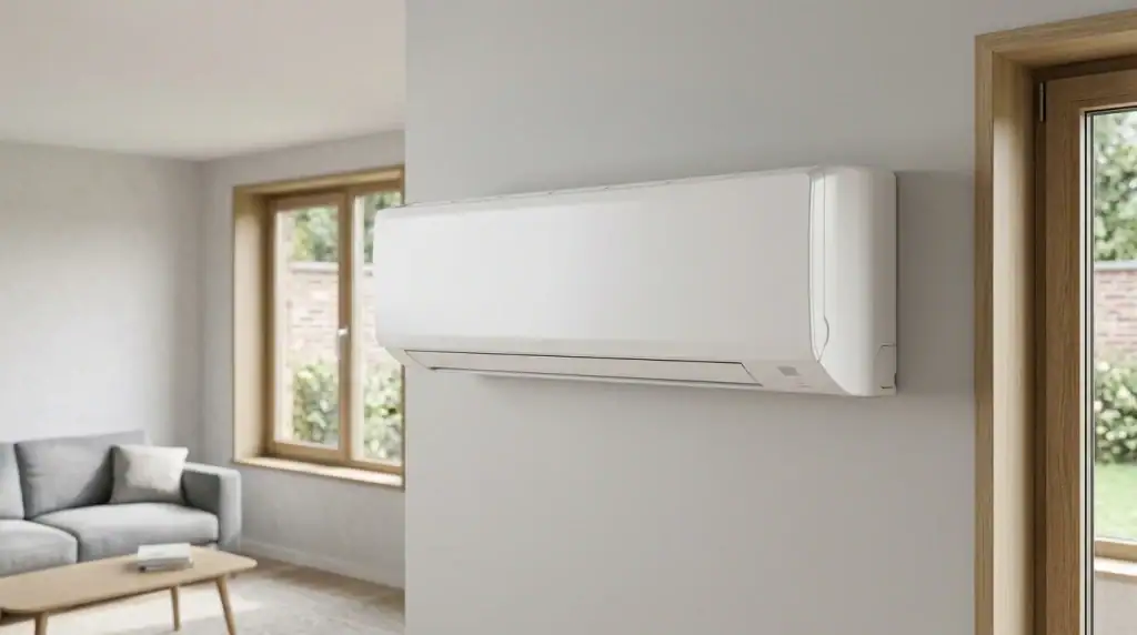 Binnenunit van een vaste split-airco aan de muur in een woonkamer